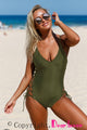 Army Green Plunging V Neck Grommet Lace up One-piece Swimwear