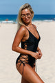 Black Plunging V Neck Grommet Lace up One-piece Swimwear