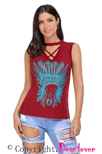 Wine Red Crisscross V Neck Printed Sleeveless Choker Tank Tops