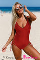 Purplish Red Plunging V Neck Grommet Lace up One-piece Swimwear