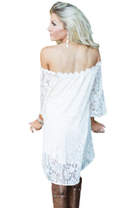 White Off The Shoulder 3/4 Sleeve Floral Lace Dress