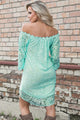 Mint Off The Shoulder 3/4 Sleeve Floral Lace Dress