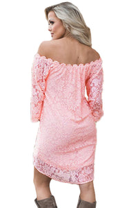 Pink Off The Shoulder 3/4 Sleeve Floral Lace Dress