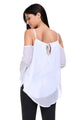 White Cold Shoulder Overlap V Neck Long Sleeve Top