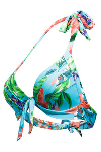 Floral Print Bluish Retro Tie Front Plus Bikini Top