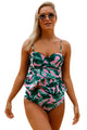 2pcs Green Leaf Print Pink Flounce Tankini Swimsuit