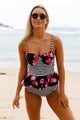 2pcs Floral Print Striped Flounce Tankini Swimsuit