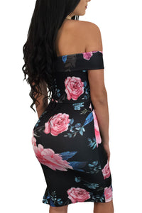 Dark Floral Lace-up Detail Off Shoulder Sheath Dress