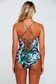 Pink Green Leaf Print Lace Up One Piece Swimsuit