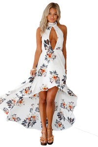 White Floral Print High-low Halter Maxi Boho Dress