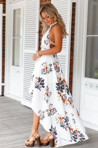 White Floral Print High-low Halter Maxi Boho Dress