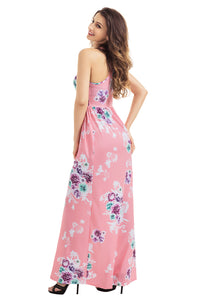 Dusty Pink Floral Print Sleeveless Long Boho Dress
