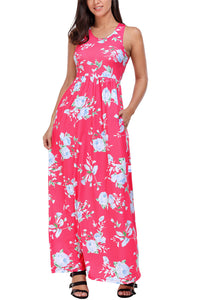 Fuchsia Floral Print Sleeveless Long Boho Dress