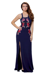 Navy Blue High Split Floral Embroidered Maxi Dress