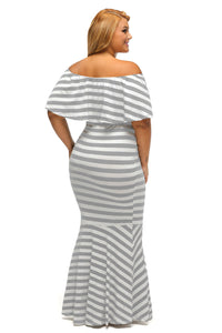 Grey White Striped Ruffle Tube Plus Size Maxi Dress