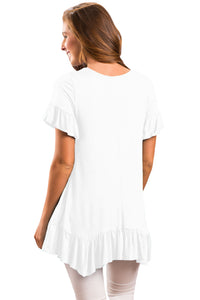 White Ruffle Trim Short Sleeve Flowy Top