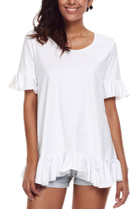 White Ruffle Trim Short Sleeve Flowy Top