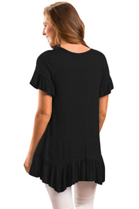 Black Ruffle Trim Short Sleeve Flowy Top