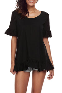 Black Ruffle Trim Short Sleeve Flowy Top