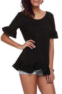 Black Ruffle Trim Short Sleeve Flowy Top