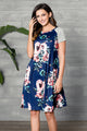 Blue Backdrop Floral Print A-line Loose T-shirt Dress