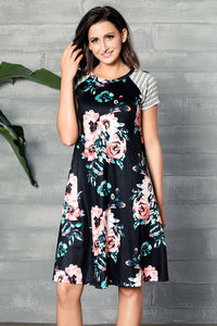 Black Backdrop Floral Print A-line Loose T-shirt Dress