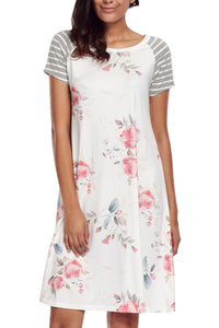 White Backdrop Floral Print A-line Loose T-shirt Dress