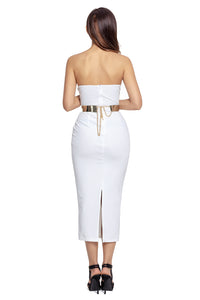 White Sexy Strapless V-neck Side Slits Tube Midi Dress