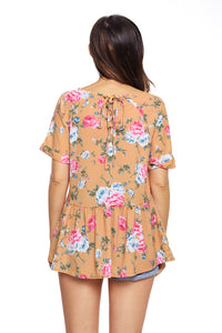 Yellow Lace-up Back Floral Ruffle Top