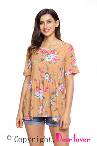 Yellow Lace-up Back Floral Ruffle Top
