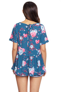 Blue Lace-up Back Floral Ruffle Top