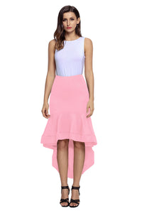 Pink Ruffle Hemline Splice High Low Skirt