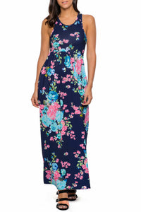 Navy Floral Print Sleeveless Long Boho Dress