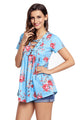 Blue Floral Grommet Lace Up V Neck Loose Shirt