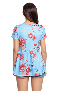 Blue Floral Grommet Lace Up V Neck Loose Shirt