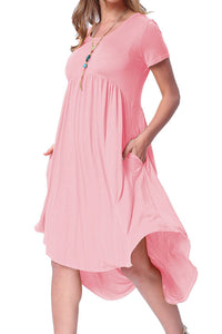 Pink Short Sleeve High Low Pleated Casual Swing Dress
