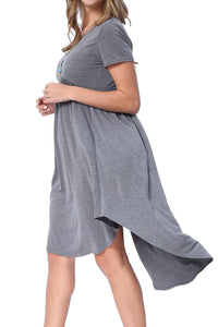 Grey Short Sleeve High Low Pleated Casual Swing Dress