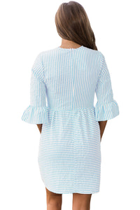 Blue White Stripe Flounce Sleeve Seersucker Dress