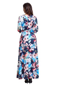 Bluish Floral Print Wrapped Long Boho Dress