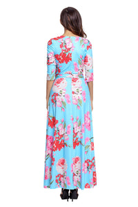 Cyan Floral Print Wrapped Long Boho Dress