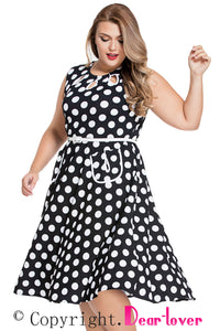 Black Plus Size Polka Dot Bohemain Print Dress with Keyholes