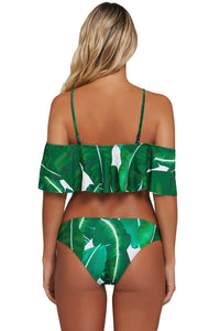 Palm Leaf Print Ruffle Off Shoulder Bikini Swimsuit