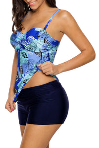 Multiple Blue Leaf Print Swimdress Tankini and Shorts