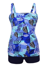 Multiple Blue Leaf Print Swimdress Tankini and Shorts