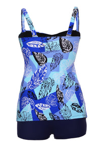 Multiple Blue Leaf Print Swimdress Tankini and Shorts