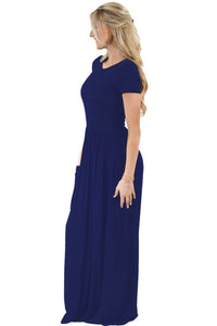 Navy Blue Short Sleeve Ruched Waist Maxi Dress