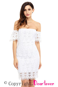 White Short Sleeve Off Shoulder Diamond Lace Bodycon Dress