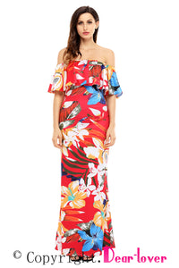 Red Floral Print Off Shoulder Maxi Boho Dress