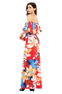 Red Floral Print Off Shoulder Maxi Boho Dress