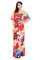 Red Floral Print Off Shoulder Maxi Boho Dress